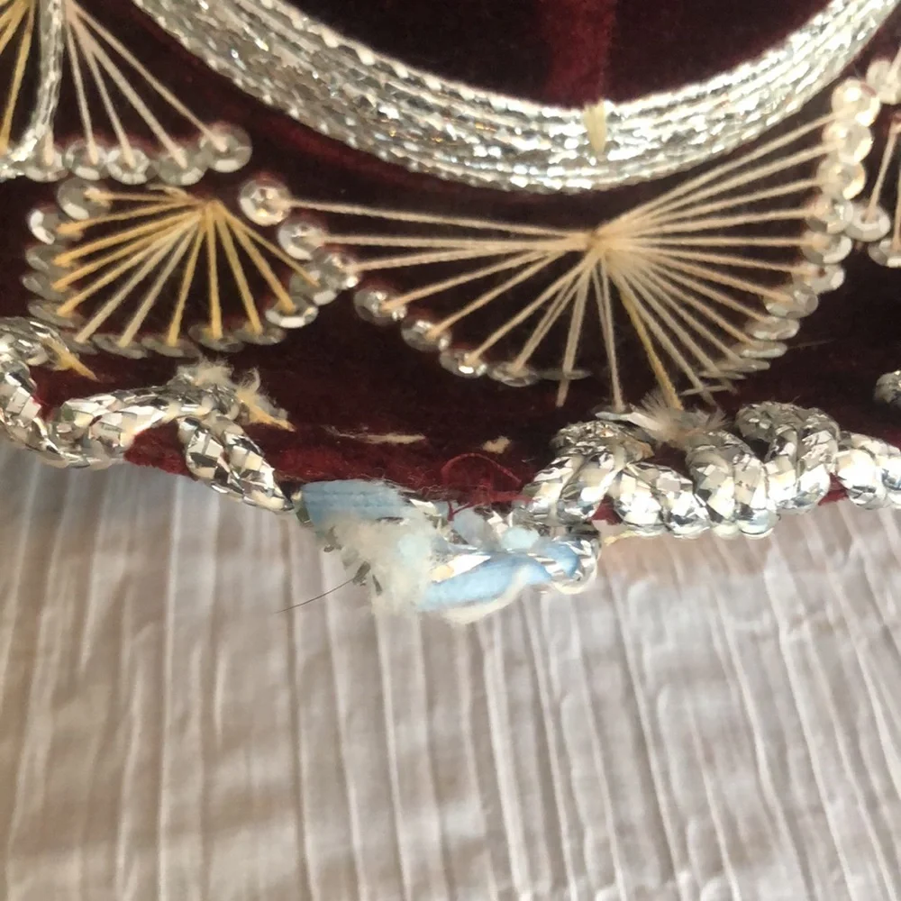 SALAZAR YEPEZ HATS maroon & silver beaded Mexican childs hat w/adjust neck strap